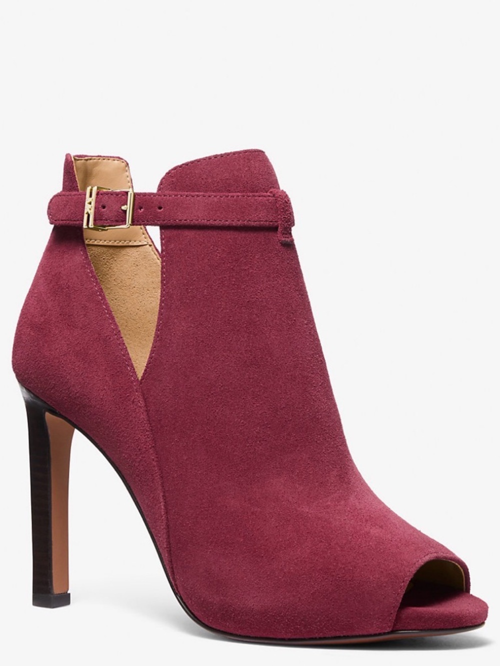 Michael Kors Lawson Burgundy Suede Peep-Toe Ankle Bootie with Buckle